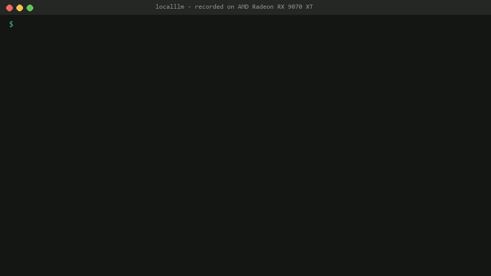 localllm in a terminal: it checks the GPU, picks a model for the language, and the chat answers